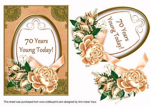 Peach Rose 70 Years Young 7x5in Oval Decoupage Topper