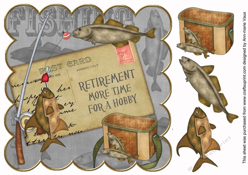 Grey Retirement time for Hobby Fishing 8in Decoupage Topper