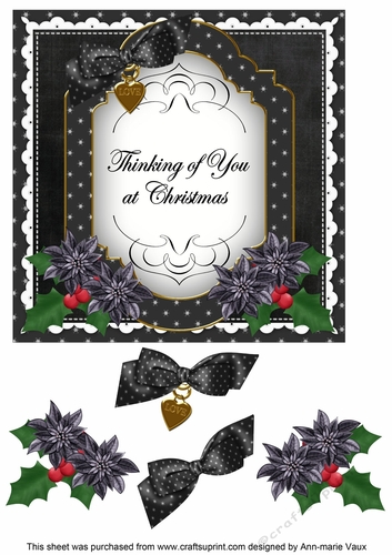 Black Poinsettia Thinking of You at Christmas Fancy 7in Decoupage Topper