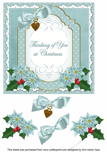 Dusky Teal Poinsettia Thinking of You at Christmas Fancy 7in Decoupage Topper