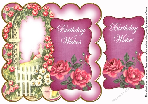 Cerise Rose Arch Birthday Wishes 8in Scallop Topper