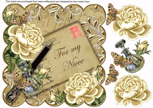 Cream Roses For my Niece 8in Scallop Decoupage Postcard Topper