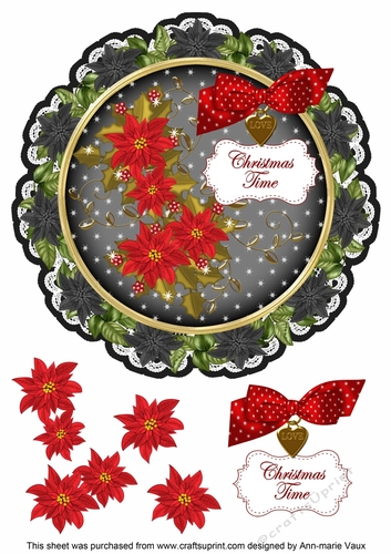 Black Red Poinsettia Christmas Time 8in Doily Decoupage Topper