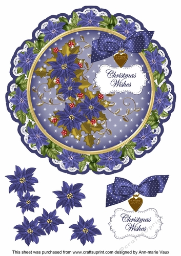 Blue Poinsettia Christmas Wishes 8in Doily Decoupage Topper