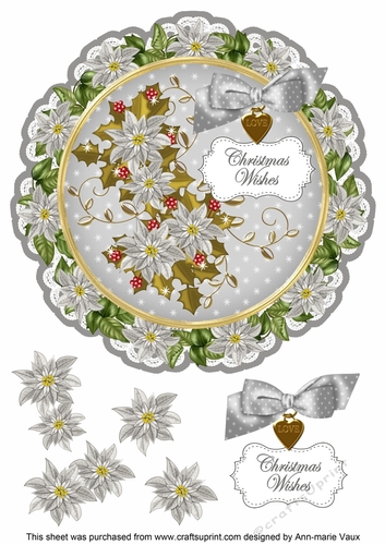Silver Poinsettia Christmas Wishes 8in Doily Decoupage Topper