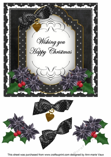 Black Poinsettia Happy Christmas Fancy 7in Decoupage Topper