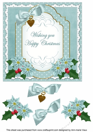 Dusky Teal Poinsettia Happy Christmas Fancy 7in Decoupage Topper
