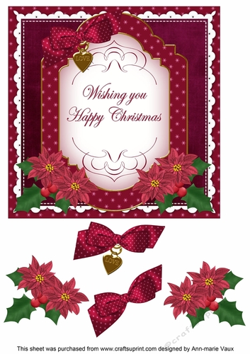 Hot Pink Poinsettia Happy Christmas Fancy 7in Decoupage Topper