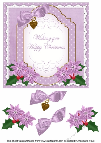 Lilac Poinsettia Happy Christmas Fancy 7in Decoupage Topper