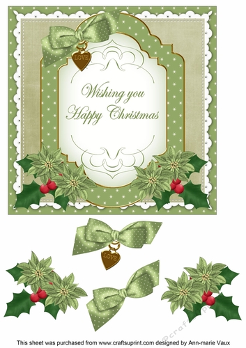 Olive Poinsettia Happy Christmas Fancy 7in Decoupage Topper