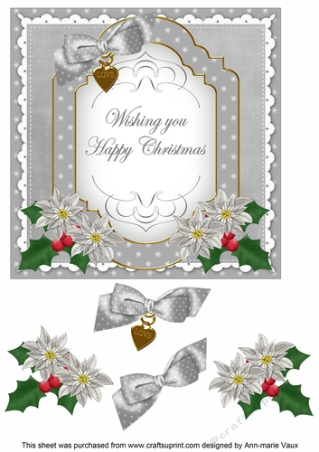 Silver Poinsettia Happy Christmas Fancy 7in Decoupage Topper