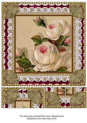 Vintage White Roses 8 x 8inch Lace Gold Picture Sheet