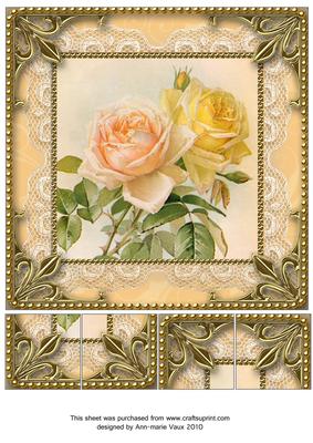 Peach Roses 8 x 8inch Lace Gold Picture Sheet