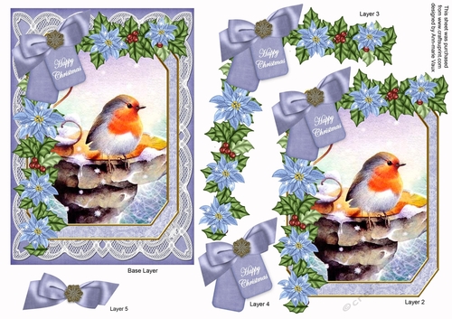 Blue Robin Happy Christmas 7x5in Fancy Lace Step by Step
