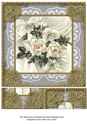 Beautiful White Roses 8x8inch Lace N Gold Picture Sheet