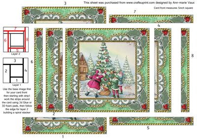 Santa Decorating Tree Spiral Edge Stacker Card Front