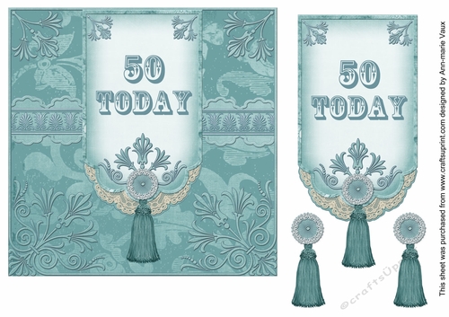 Teal 50 Today 7inch Ornate Lace Tag Topper