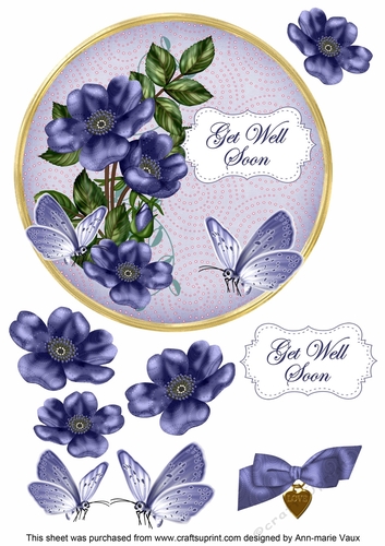 Dark Blue Wild Rose Get Well Soon 7in Circle Decoupage Topper