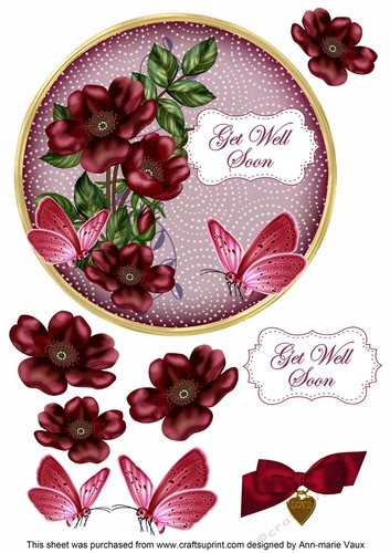 Hot Pink Wild Rose Get Well Soon 7in Circle Decoupage Topper