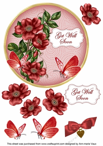 Red Wild Rose Get Well Soon 7in Circle Decoupage Topper