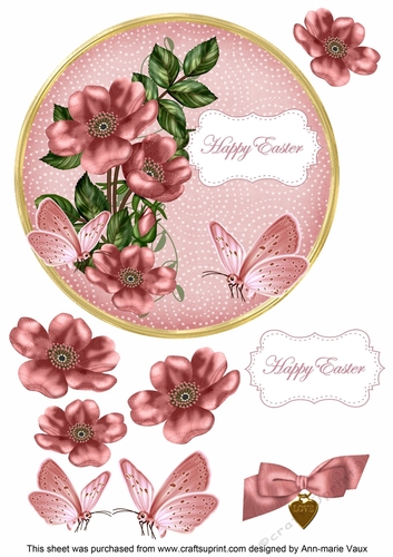 Pink Wild Rose Happy Easter 7in Circle Decoupage Topper