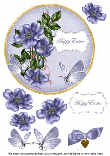 Blue Wild Rose Happy Easter 7in Circle Decoupage Topper
