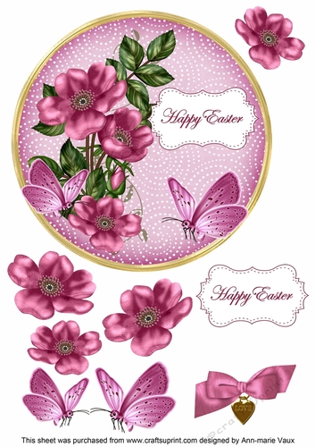 Cerise Wild Rose Happy Easter 7in Circle Decoupage Topper