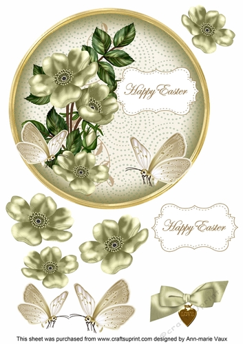 Olive Wild Rose Happy Easter 7in Circle Decoupage Topper