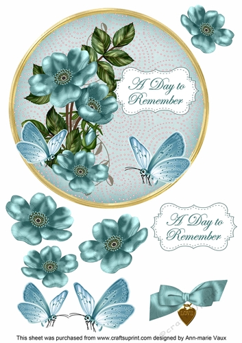Dusky Teal Wild Rose A Day to Remember 7in Circle Decoupage Topper