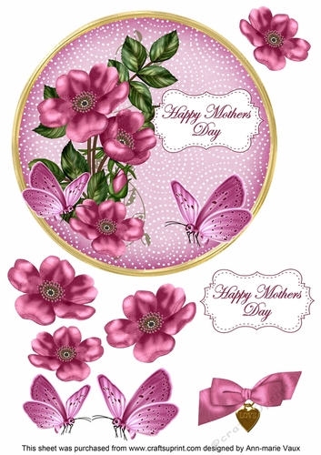 Cerise Wild Rose Happy Mothers Day 7in Circle Decoupage Topper