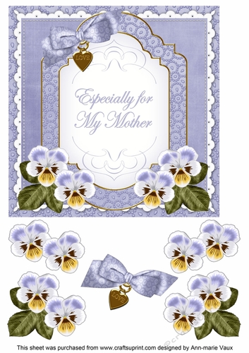 Pale Blue Pansy Especially for my Mother Fancy 7inch Decoupage Topper