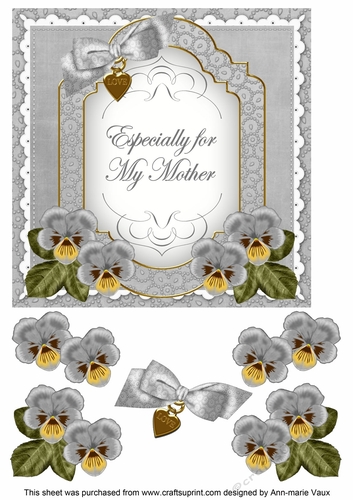 Silver Pansy Especially for my Mother Fancy 7inch Decoupage Topper