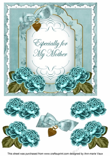 Dusky Teal Rose Especially for my Mother Fancy 7inch Decoupage Topper