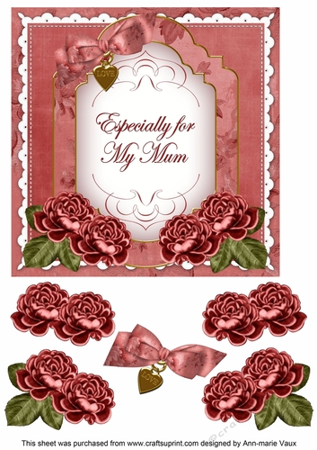 Dusky Red Rose Especially for my Mum Fancy 7inch Decoupage Topper