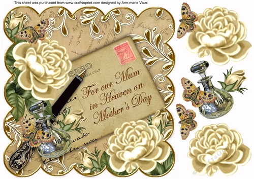 Cream Roses Our Mum in Heaven on Mothers Day 8inch Scallop Decoupage Topper