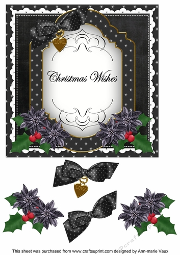 Black Poinsettia Christmas Wishes Fancy 7in Decoupage Topper