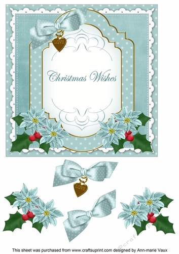 Dusky Teal Poinsettia Christmas Wishes Fancy 7in Decoupage Topper
