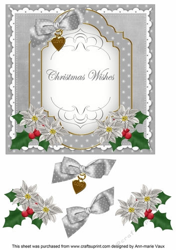 Silver Poinsettia Christmas Wishes Fancy 7in Decoupage Topper
