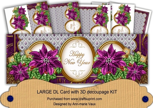 Purple Poinsettia Happy New Year Large DL Decoupage Card Kit