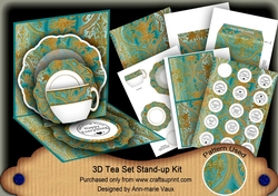 Damask Dusky Teal 3D Tea Set Pop Up Card Kit
