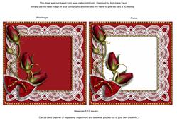 Blood Red Rosebud Lace Square Card Front and Frame