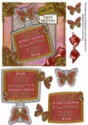 Pink Butterfly Perfume Birthday Bottle 6in Decoupage Sheet