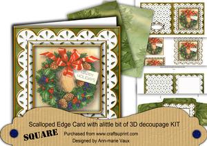 Christmas Wreath Em Anglaise Scallop Square 3D Card Kit