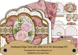 Deep Pink Roses Duo Anglaise Scallop 3D Decoupage Card Kit