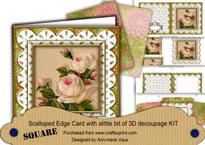 Cream Roses Anglaise Scallop Square 3D Card Kit