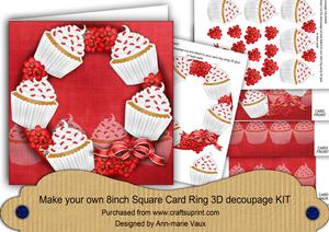 Red and White Cupcakes 8in Decoupage 3D Ring Card Kit