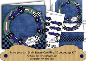 Blue Racing Car 8in Decoupage 3D Ring Card Kit