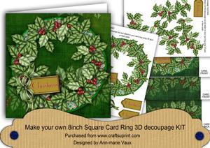 Christmas Holly Green 8in Decoupage 3D Ring Card Kit