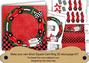 Red Racing Car 8in Decoupage 3D Ring Card Kit