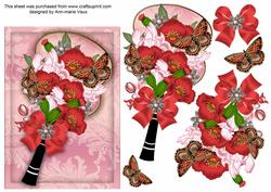 Red Poppy Pink Iris Butterfly Fan Decoupage Sheet
